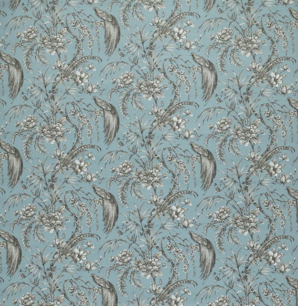 A flat screen shot of the Botanist curtain fabric in Sky by Ashley Wilde