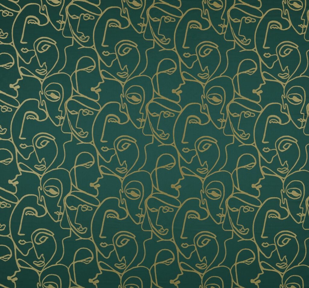 A flat screen shot of the Henri curtain fabric in Emerald by Ashley Wilde