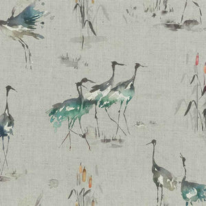 Voyage Cranes Curtain Fabric | Linen Cobalt